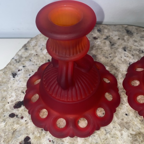Vintage Westmoreland Handmade Red Glass Satin Mist Doric Lace Candle Holder Pair - Picture 6 of 12